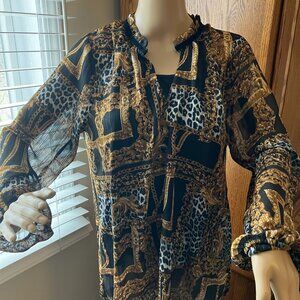 Bobeau Metallic Blouse with Camisole Leopard Lurex Gold Black Metallic Large NEW
